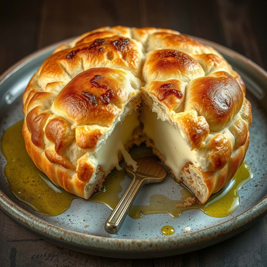 Ligurian focaccia di Recco with ultra-thin, crispy layers of dough filled with creamy stracchino cheese, golden and bubbled from the oven, cut to show the melted cheese interior, on rustic ceramic plate with olive oil drizzle
