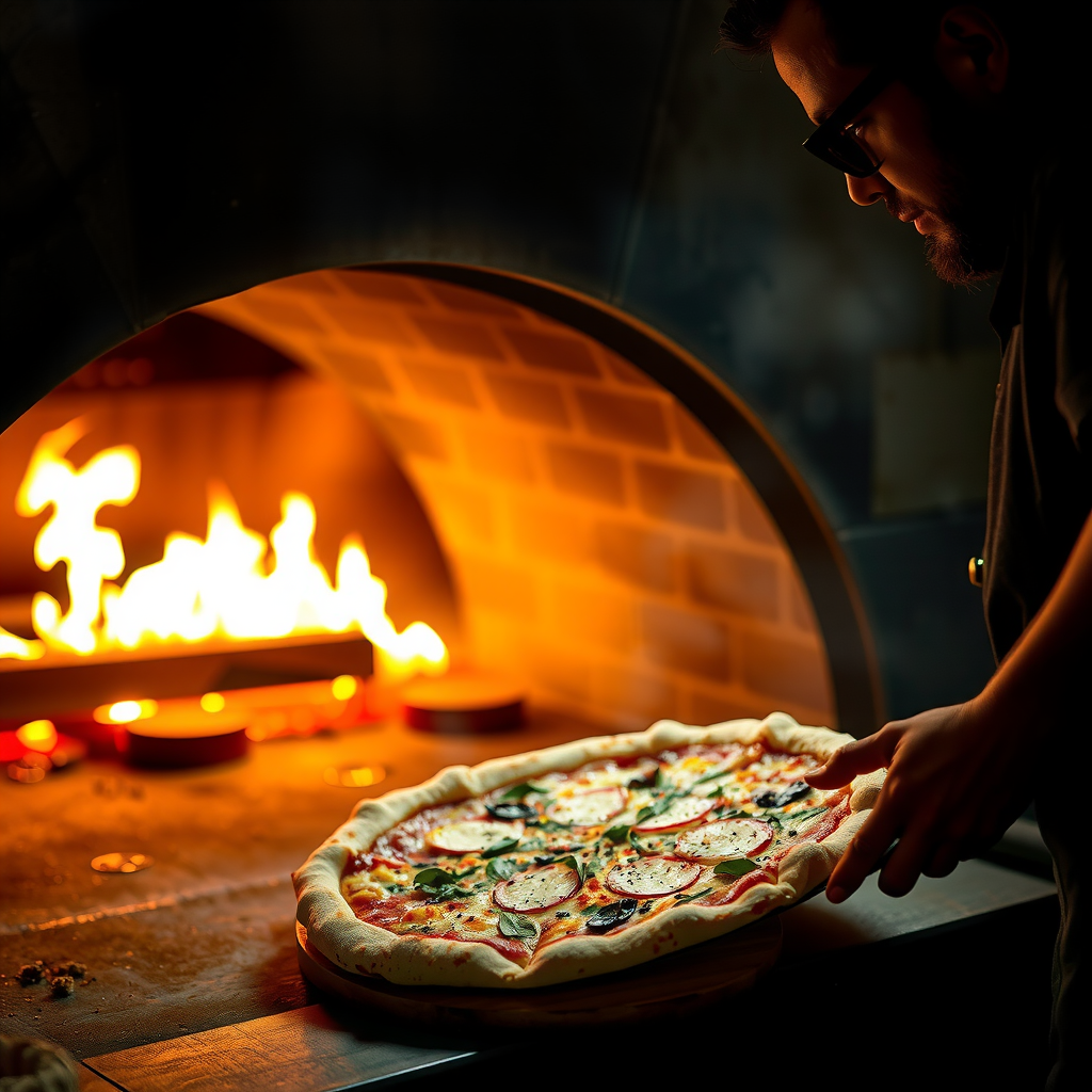 Pizza maker using long wooden peel to rotate pizza in glowing wood-fired oven, flames visible in background, intense heat creating dramatic lighting, professional technique on display