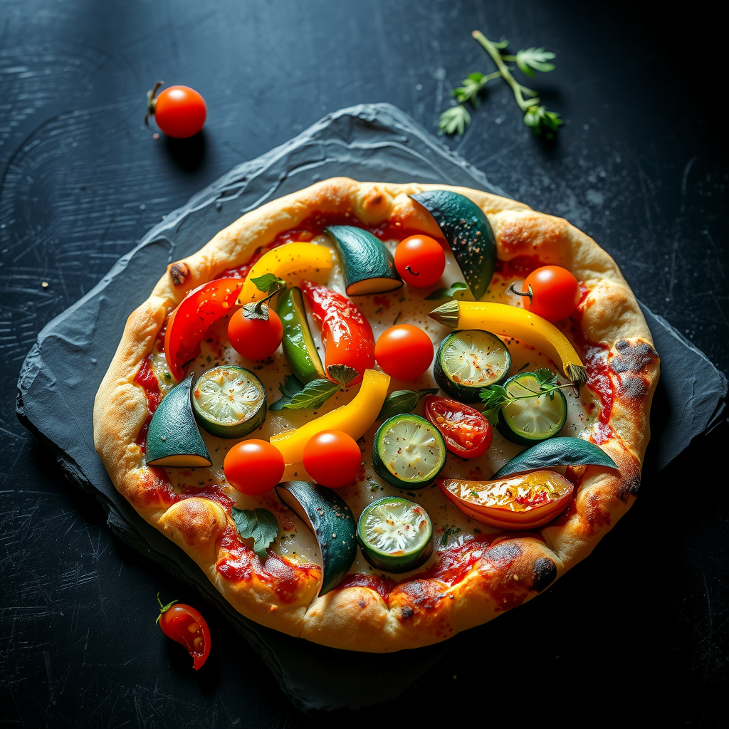 Artisan pizza topped with colorful seasonal vegetables including roasted bell peppers, zucchini, cherry tomatoes, and fresh herbs, photographed from above on a dark slate surface with dramatic side lighting