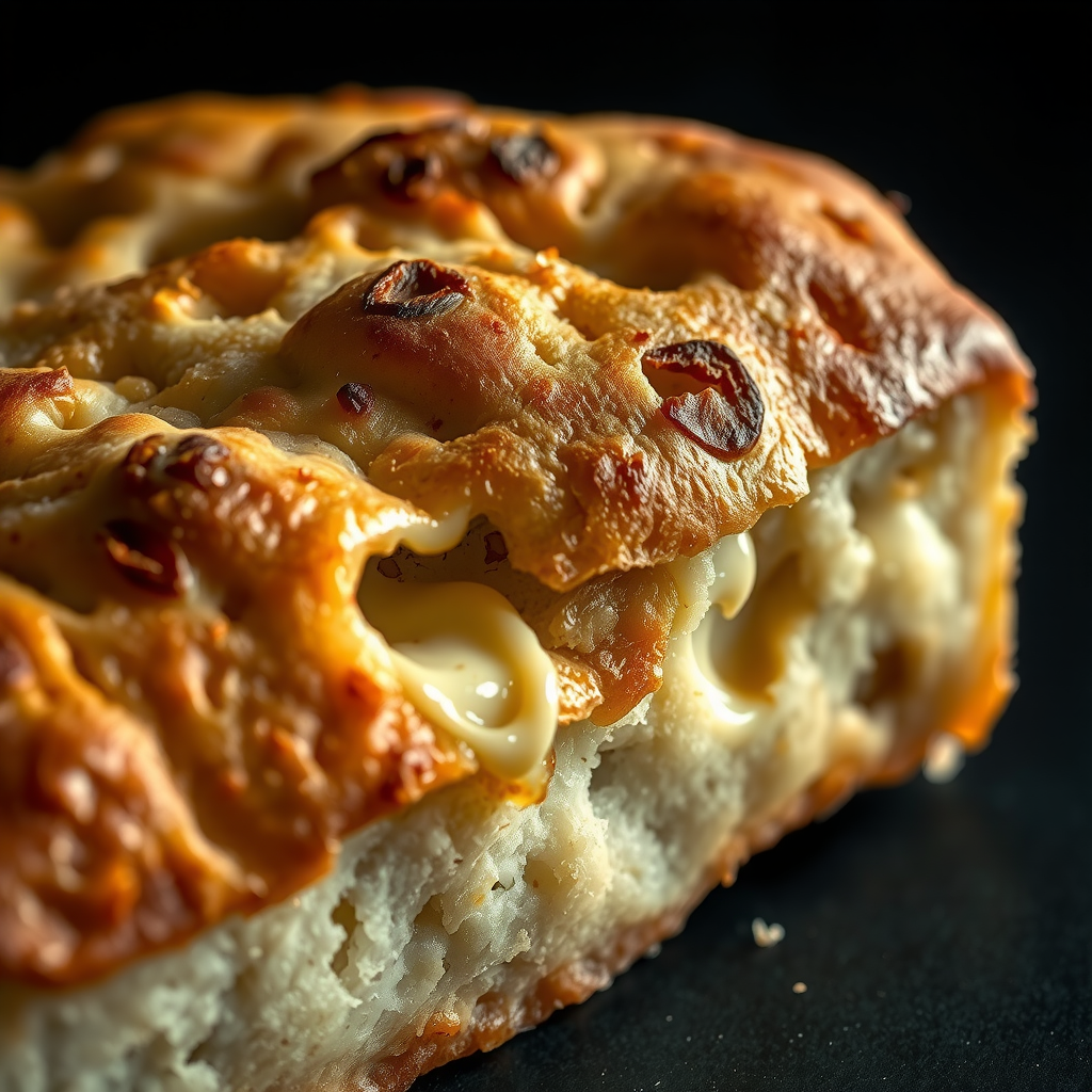Close-up detail of Ligurian focaccia showing the paper-thin, shatteringly crisp crust with pockets of melted cheese oozing out, photographed against dark background with dramatic lighting highlighting the golden, blistered surface