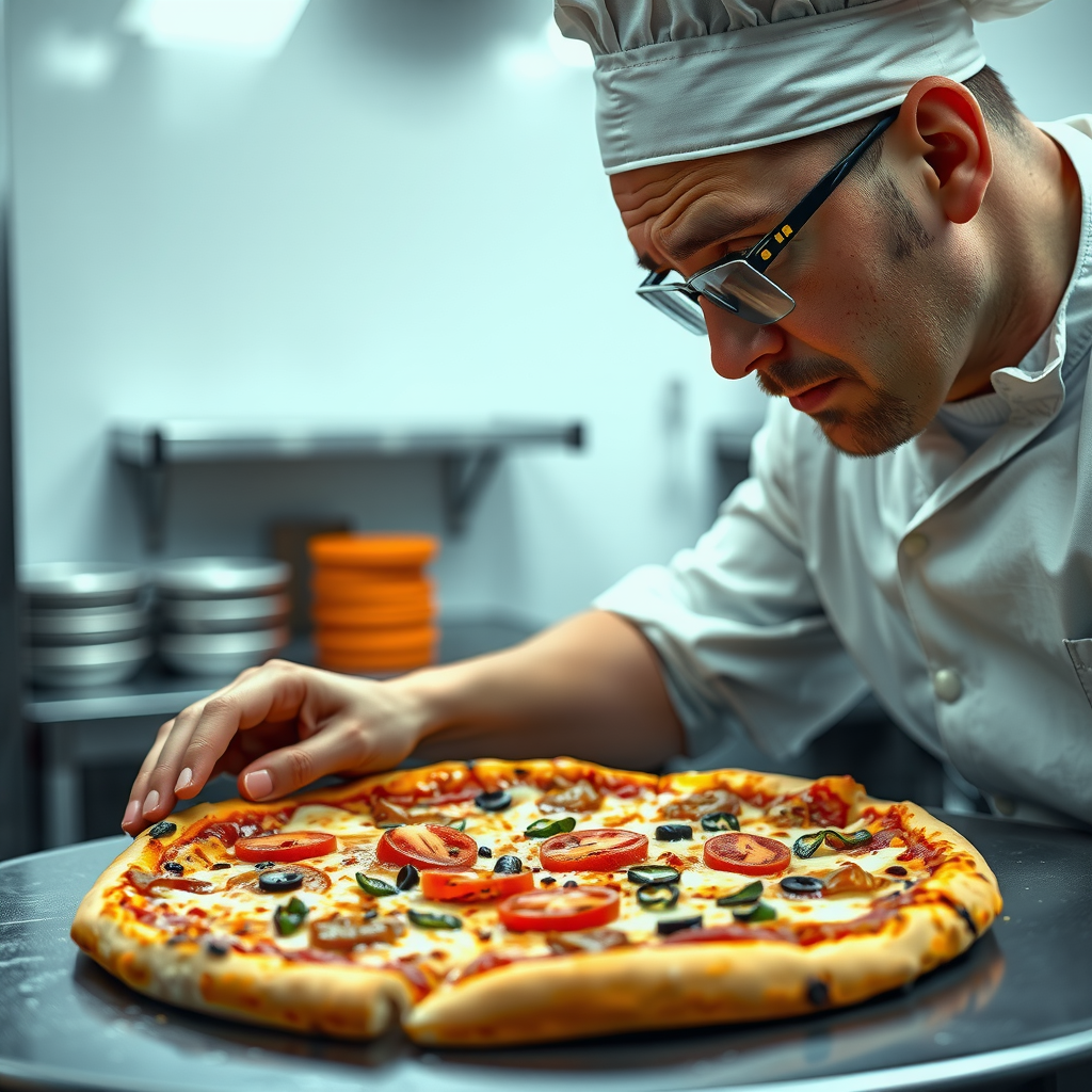 Close-up of pizza maker inspecting finished pizza for quality, checking crust color and topping distribution, professional attention to detail, clean kitchen background