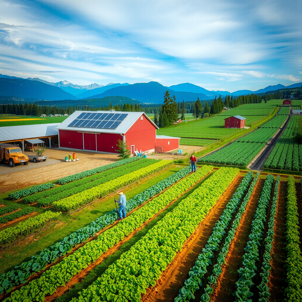 Aerial view of sustainable Canadian farm showing crop rotation patterns, solar panels on barn roof, and farmers working in organic vegetable fields with mountains in the background