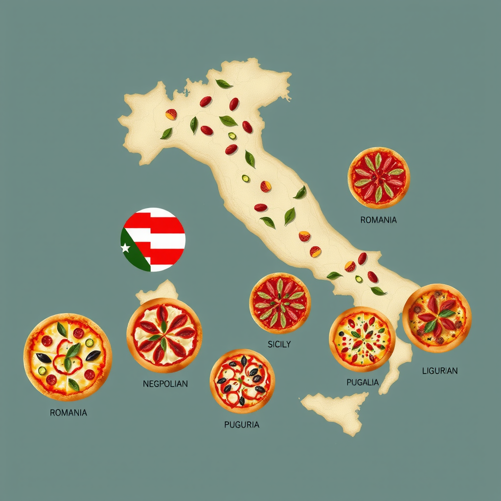 Artistic map of Italy highlighting the five pizza regions discussed - Lazio for Roman, Sicily for Sicilian, Campania for Neapolitan, Puglia for Pugliese, and Liguria for Ligurian styles, with representative pizza images for each region, styled with vintage Italian aesthetic and typography
