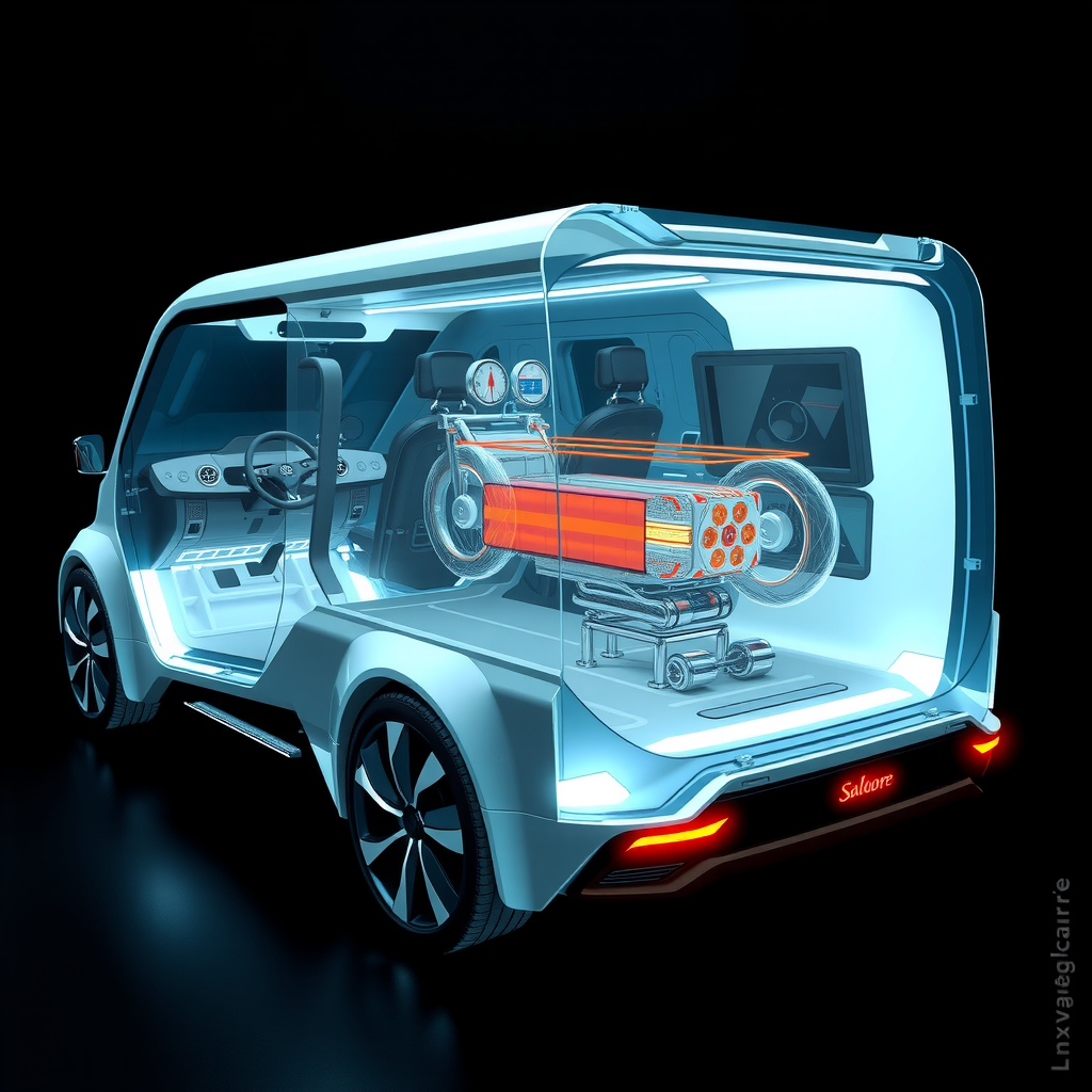 Concept rendering of Salvatore's next-generation electric delivery vehicle with transparent view showing integrated thermal management system, sleek modern design, professional automotive concept art