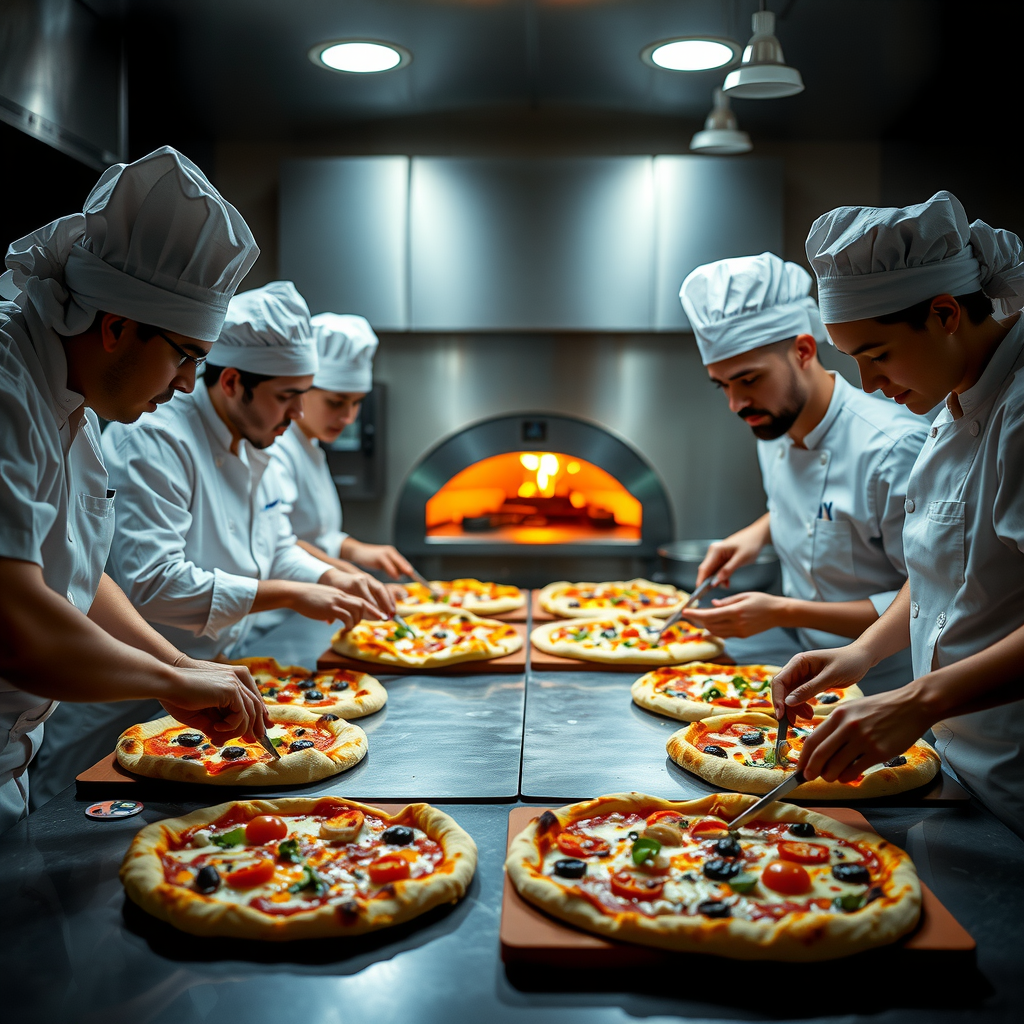 Full team of pizza makers working together in professional kitchen, coordinated movements, multiple pizzas being prepared simultaneously, wood-fired oven glowing, dynamic action shot showing teamwork and expertise
