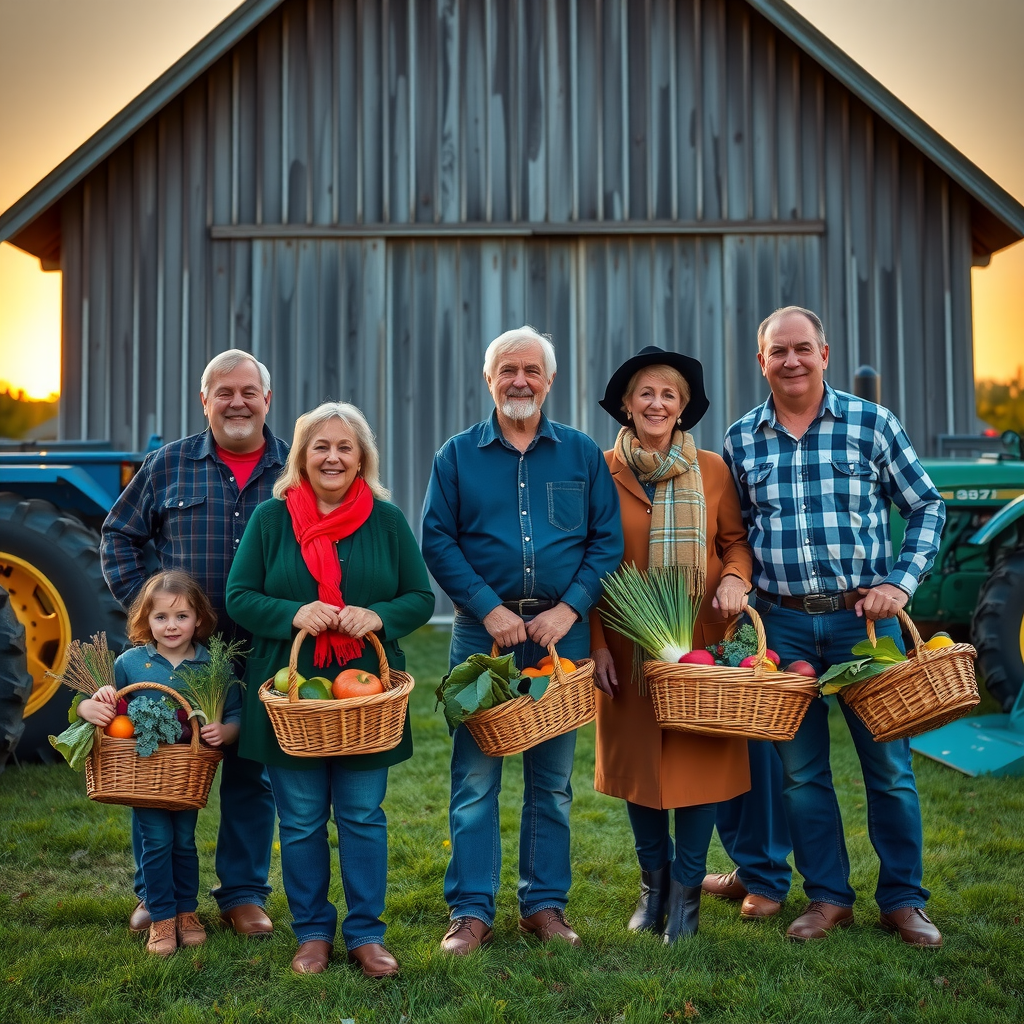 Multi-generational farm family standing proudly in front of their barn at sunset, with harvest baskets full of vegetables and a tractor in the background, representing Canadian agricultural heritage