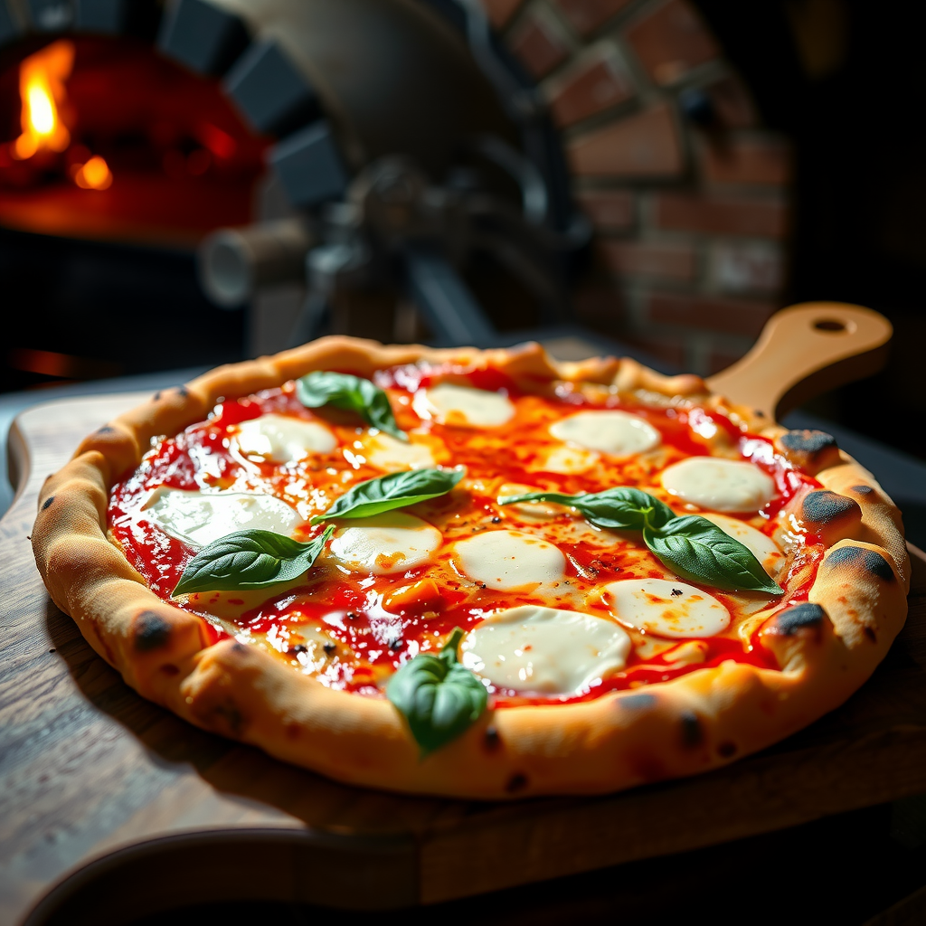 Perfectly cooked Neapolitan pizza with leopard-spotted crust on wooden peel, fresh basil leaves, melted mozzarella, vibrant red sauce, steam rising, wood-fired oven in background, professional food photography with dramatic lighting showcasing artisan craftsmanship