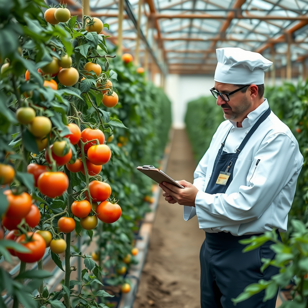 Professional chef in white uniform examining fresh tomatoes on the vine in a greenhouse, taking notes on a clipboard while farmer looks on, with rows of healthy plants in the background